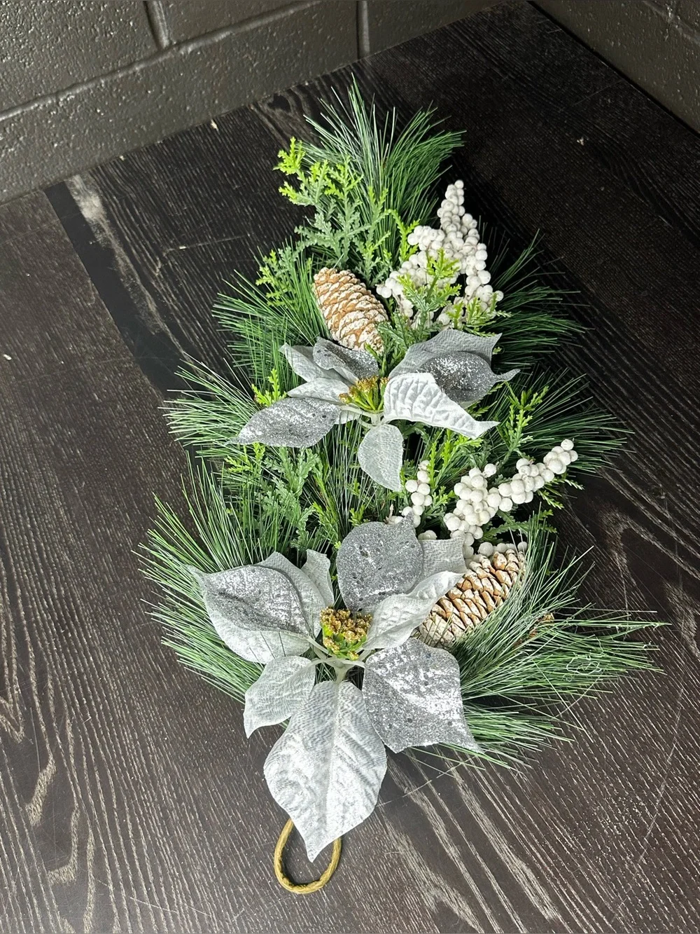 Festive Silver Poinsettia Pine Garland - Home Holiday - Pinecone Accent - 23x13